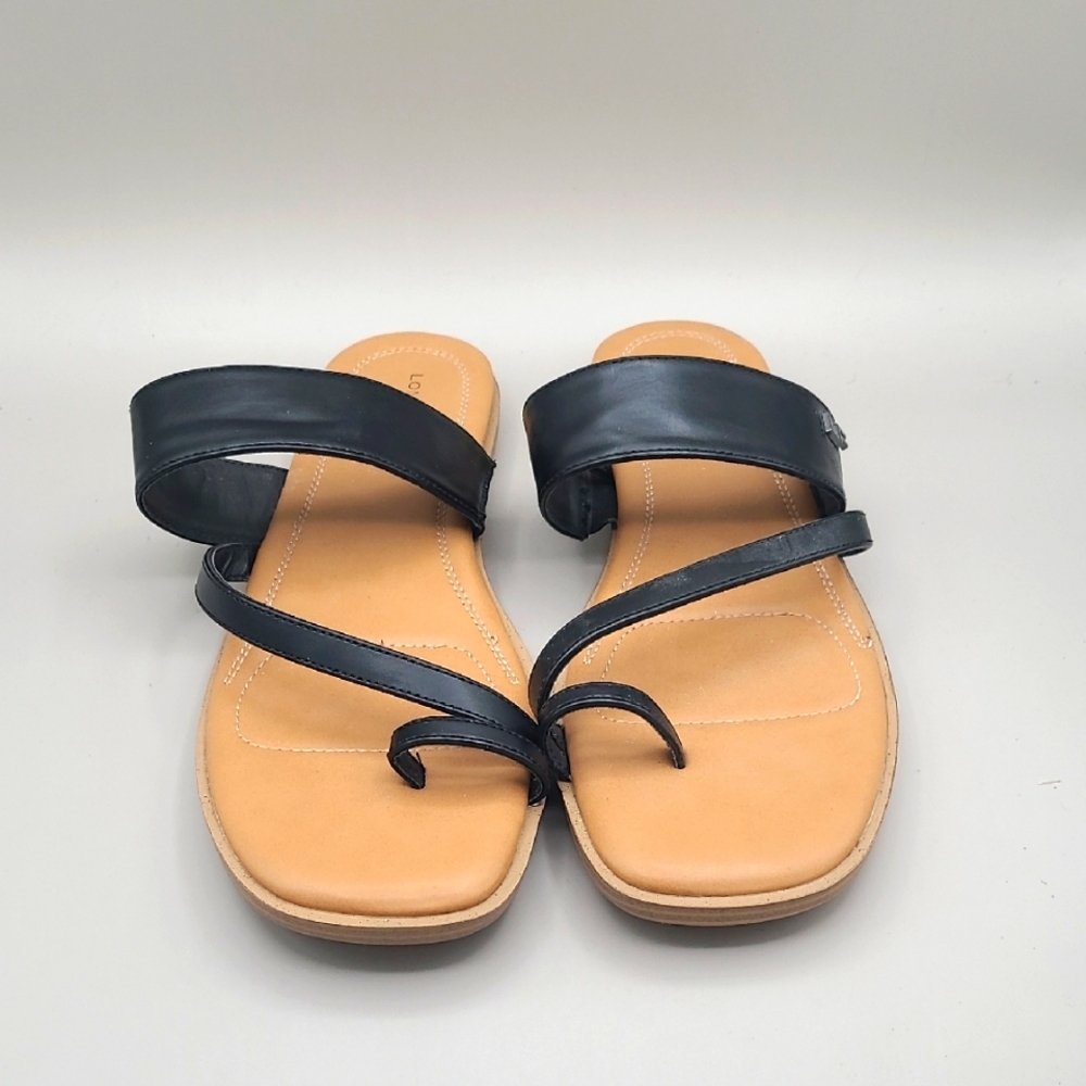 London Fog Black & Tan Strappy Toe Sandals, Size 10